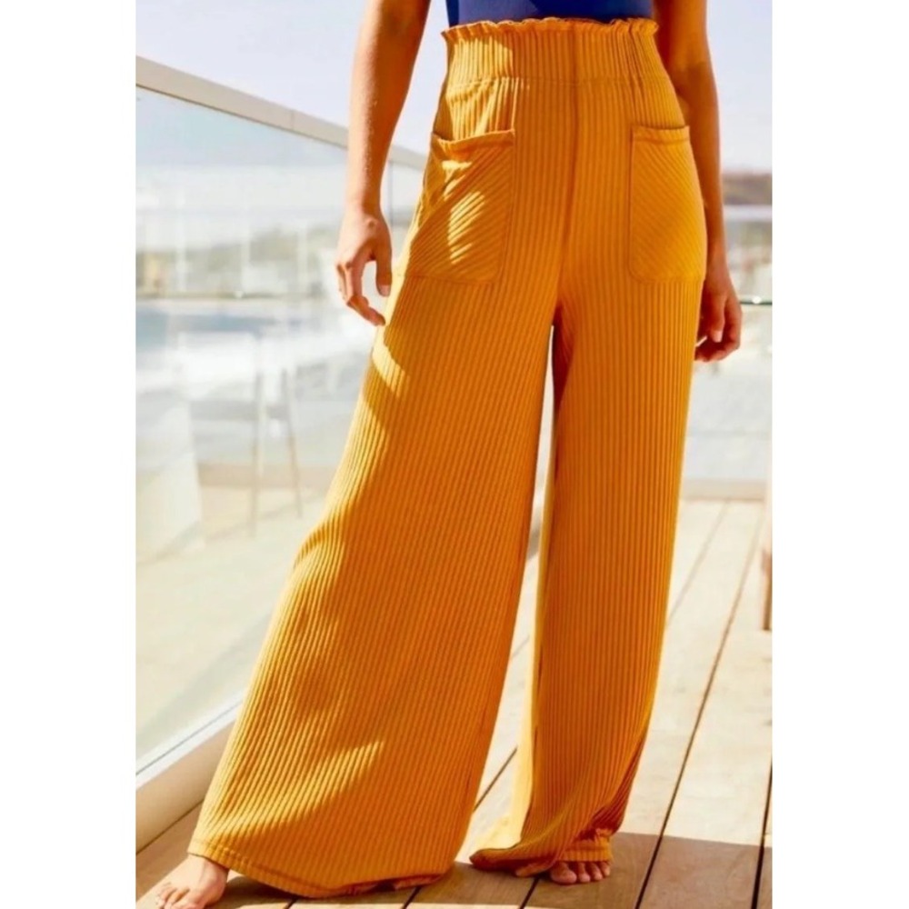 Free People Movement Blissed Out Wide-Leg Pants Orange Ribbed Smocked Waist XS